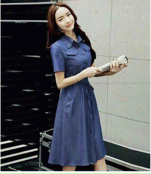 ĐẦM JEAN XÒE EO RÚT DÂY CỔ SƠ MI