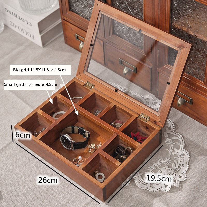 12 Grids Vintage Solid Wood Jewelry Box Storage Box Wooden Jewelry Cultural Play Grid Storage Box Grid Glass Lid Wooden Box