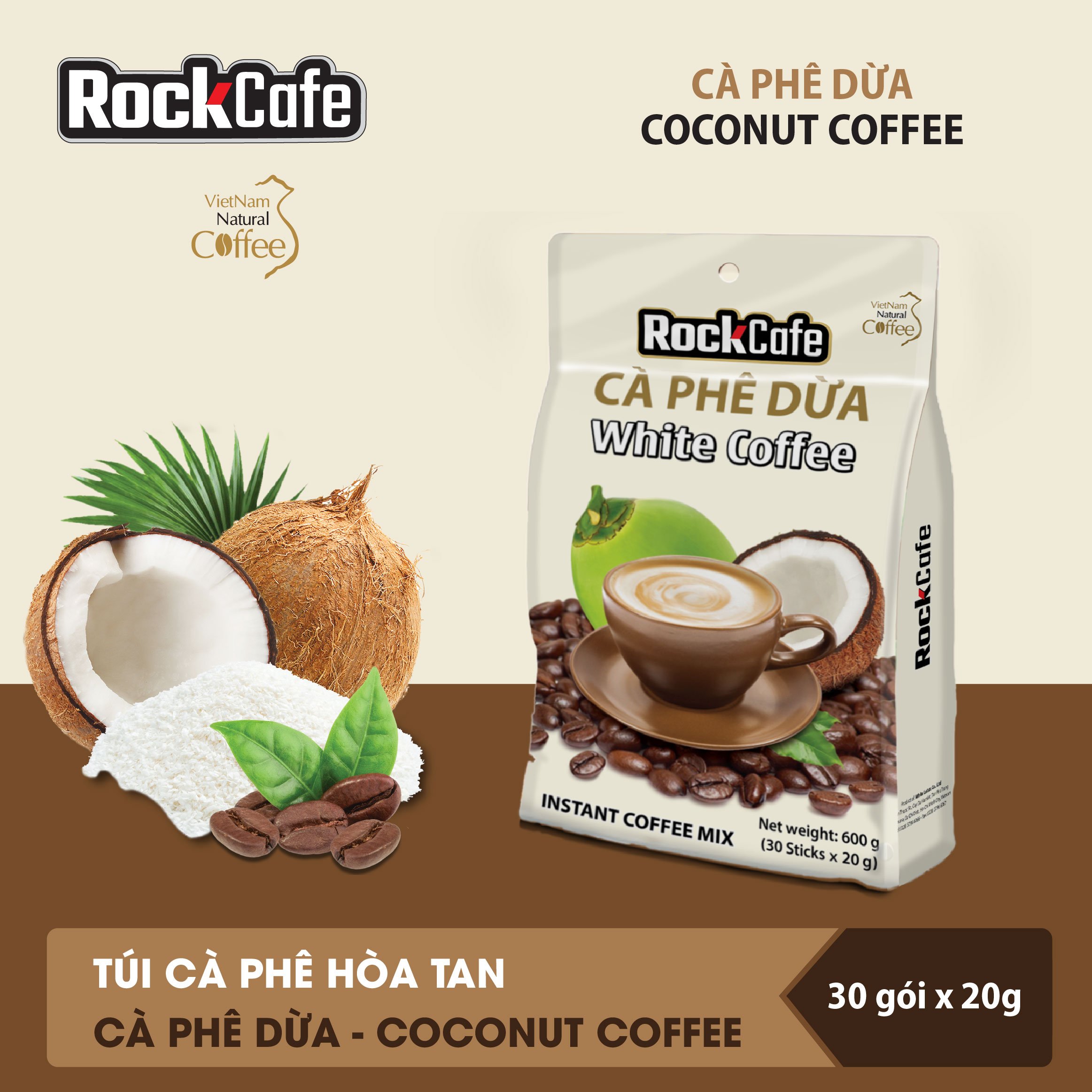 RockCafe - Cà phê hòa tan 3 trong 1 - Vị Dừa độc đáo - Thơm ngon - Tinh khiết - Chuẩn vị cafe Việt - Túi 30 gói x 20gr