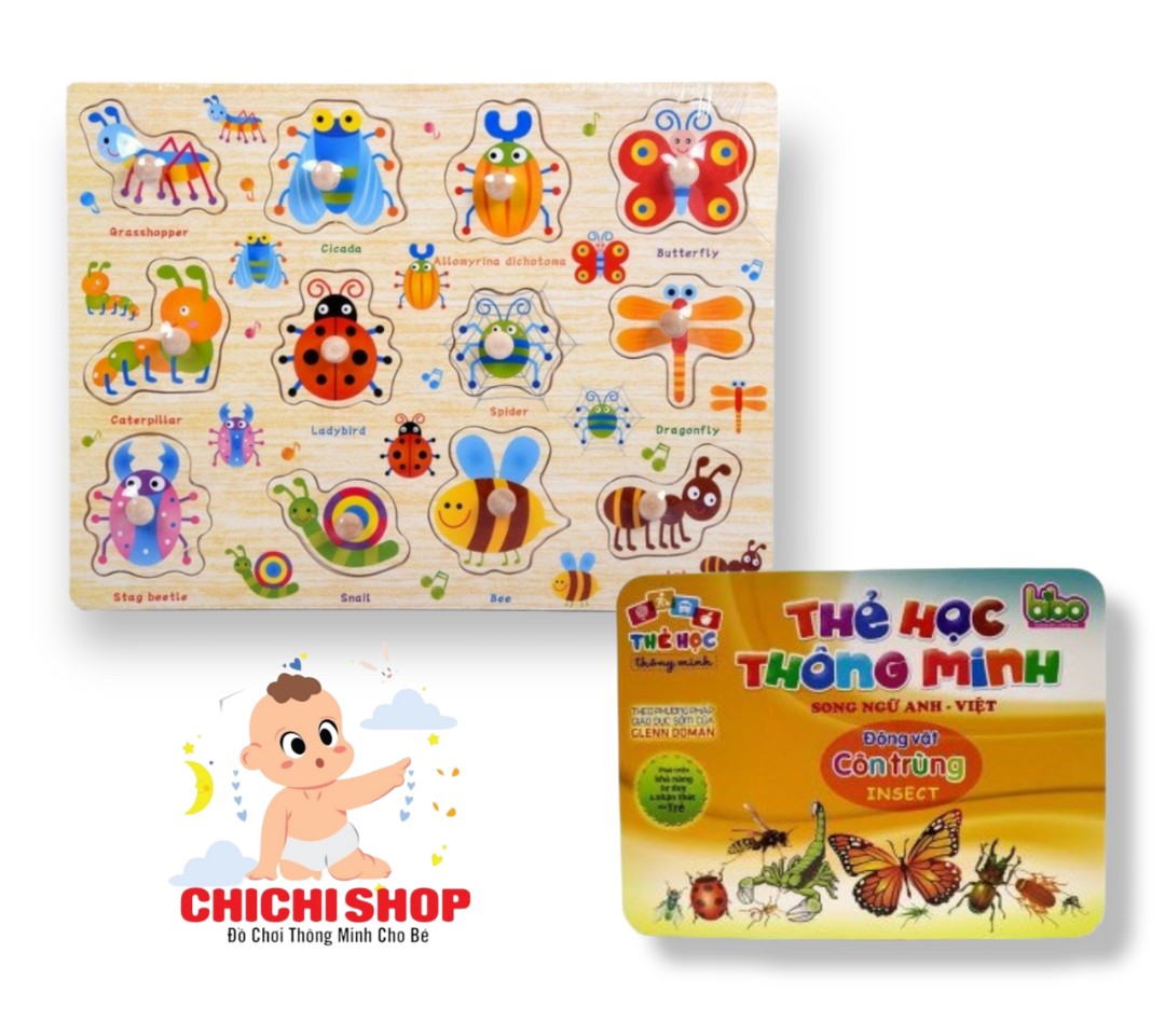 Bộ đồ chơi bảng núm gỗ ghép hình chủ đề côn trùng
