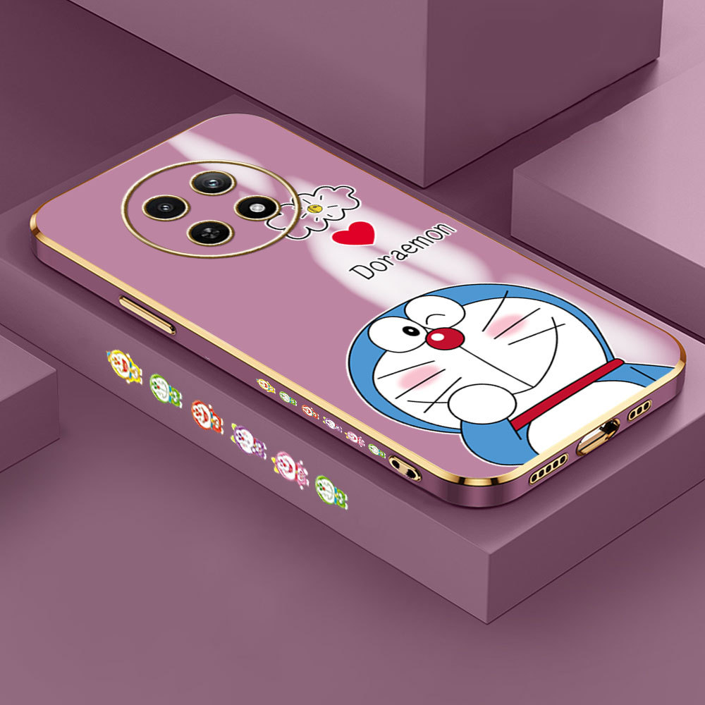 (Free Lanyard) For Realme 12 Pro Plus 5G C65 Realme Note 60 Back Cover Cute Cartoon Doraemon Square Edge Pattern Cover Luxury Plating Soft Phone Case.