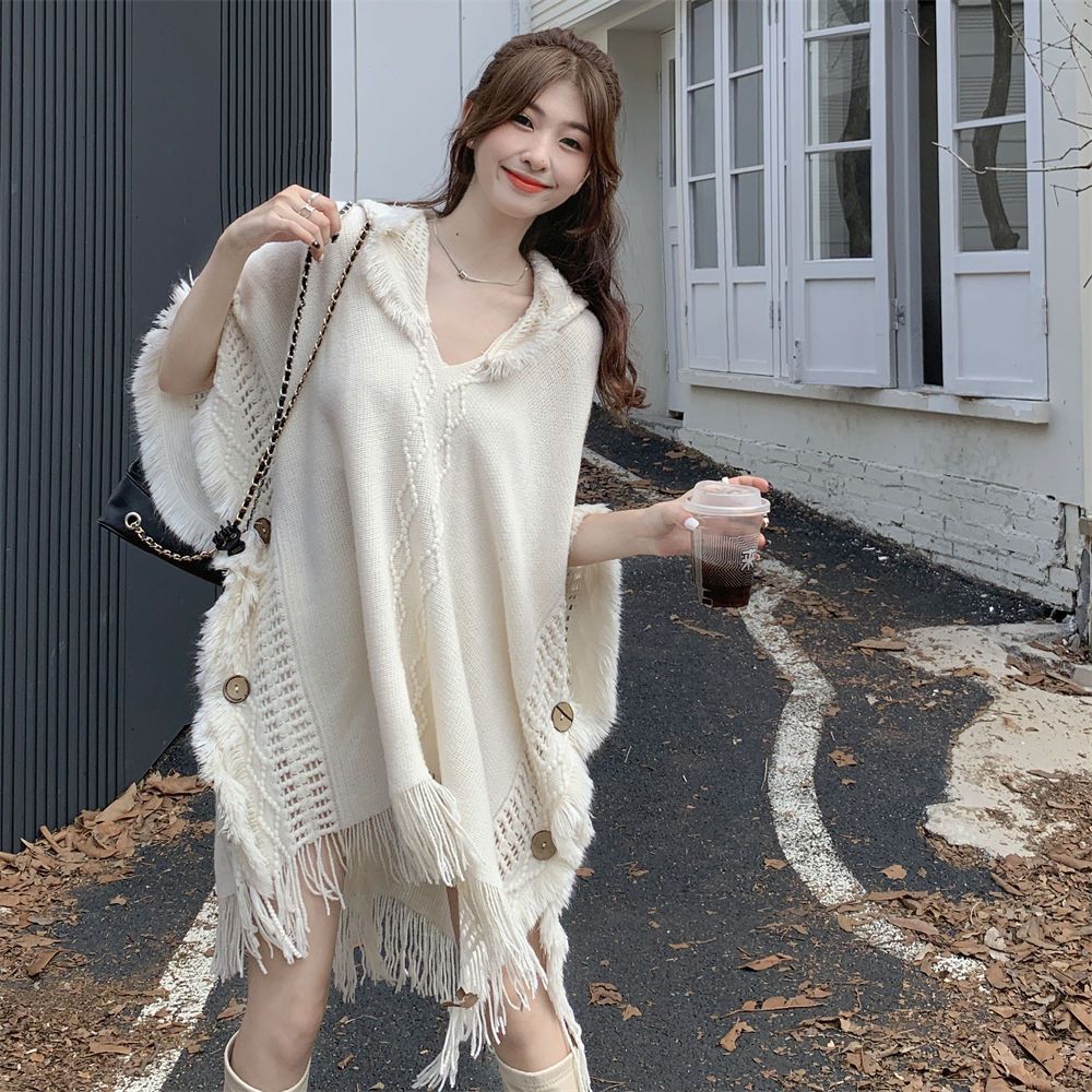 Áo choàng len có mũ bohemian thời trang Hàn Quốc, Áo khoác khăn tua đa năng mới cho nữ