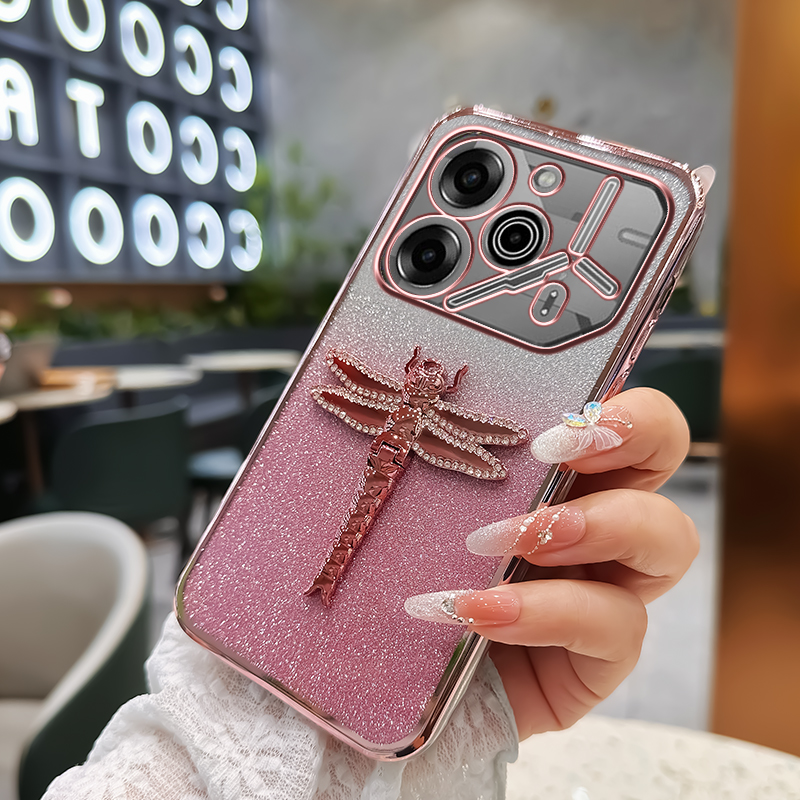 Phone case For Tecno Pova 6 Pro / Tecno Pova 5 Pro case shell Sparkling Gleaming 3D Cartoon Crystal Dragonfly Phone Holder Ultra-thin Silicone Transparent Soft Shell Cases Housing.