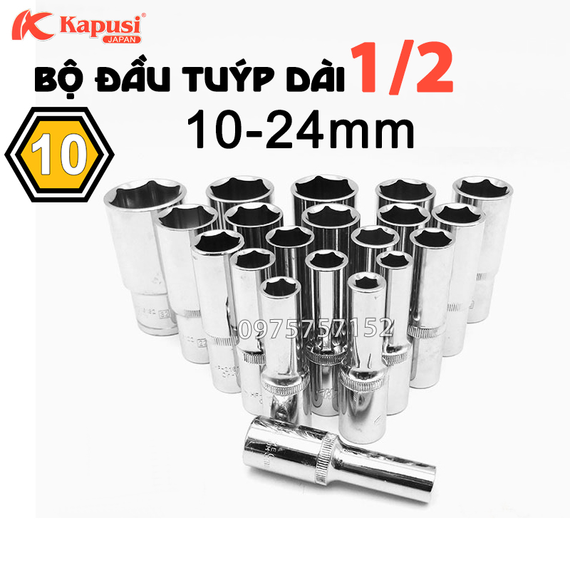Bộ 10 đầu tuýp 1/2 dài 78mm công nghiệp KAPUSI 10-24mm, đầu típ, đầu khẩu lục giác 1/2 inch thép CR-V siêu cứng mở bulong, vặn ốc vít, đầu tiếp lục giác, phù hợp cần tuýp tự động, cần tuýp trượt, cần tuýp lắc léo, cần tuýp L