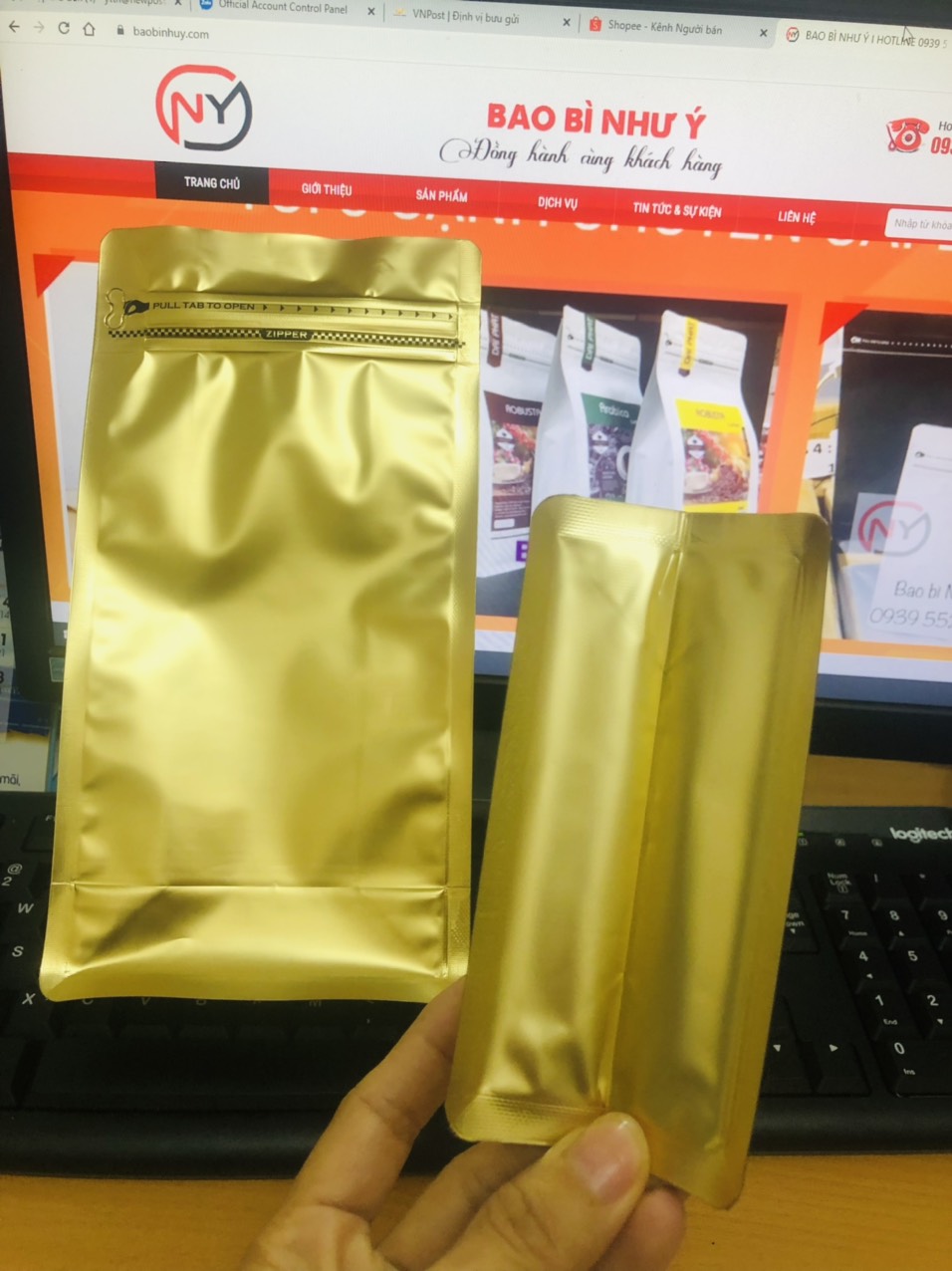 [1kg/size] túi zip 8 cạnh cafe MÀU VÀNG ĐỒNG (full size)
