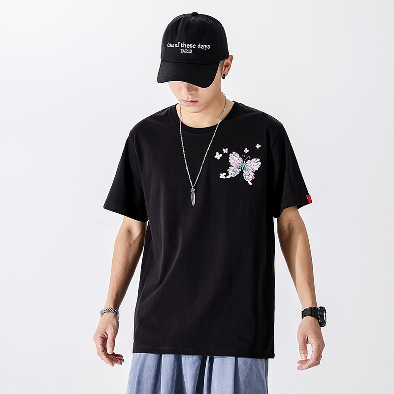 Chinoiserie Butterfly Embroidery Men's T-shirt Loose Summer Street Round Neck Clothes Undercoat Spring Summer Short Sleeve