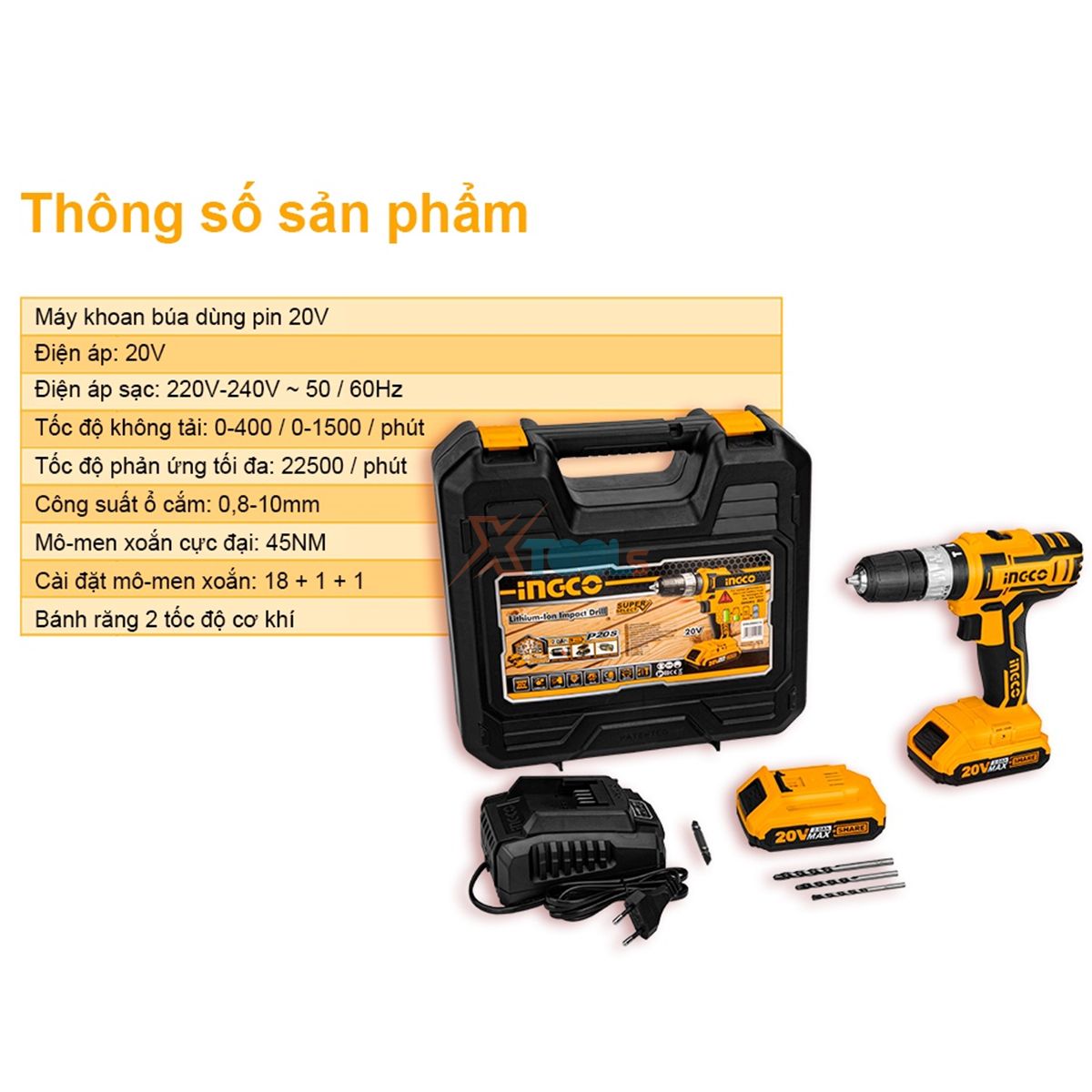 Máy khoan cầm tay dùng pin 20V INGCO máy khoan búa, khoan vặn vít 3 chức năng, kèm 2 pin sạc, tặng mũi khoan vặn vít, mũi khoan 0.8-10mm