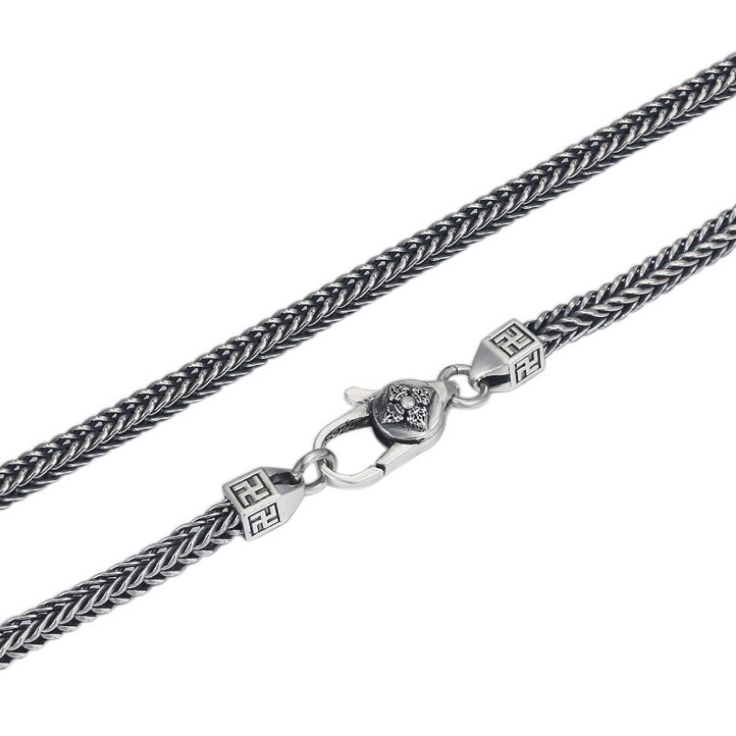S925 sterling silver foxtail chain jewelry Thai handmade square hemp rope  necklace for men and women Thai silver retro all-match trendy people