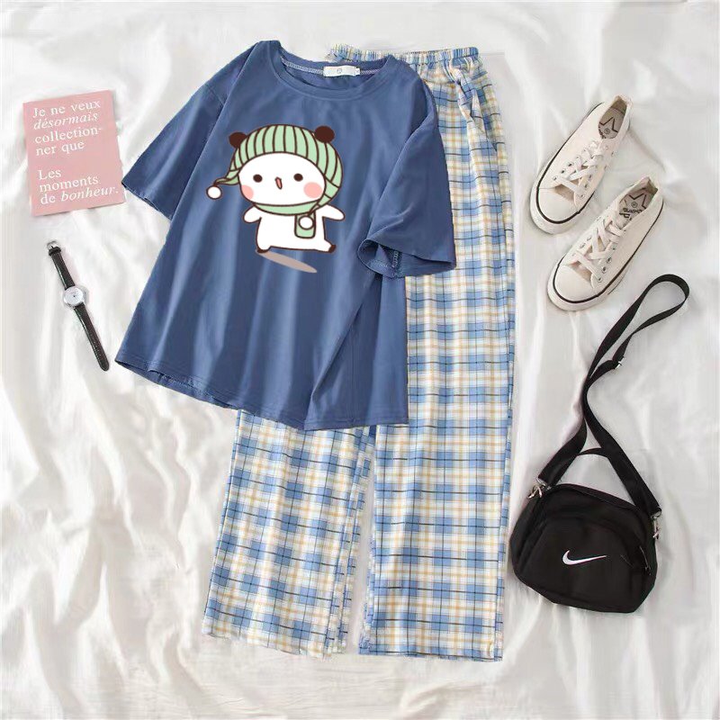 SÉT ÁO GẤU ĐỘI MŨ KÈM QUẦN KẺ SIÊU CUTE