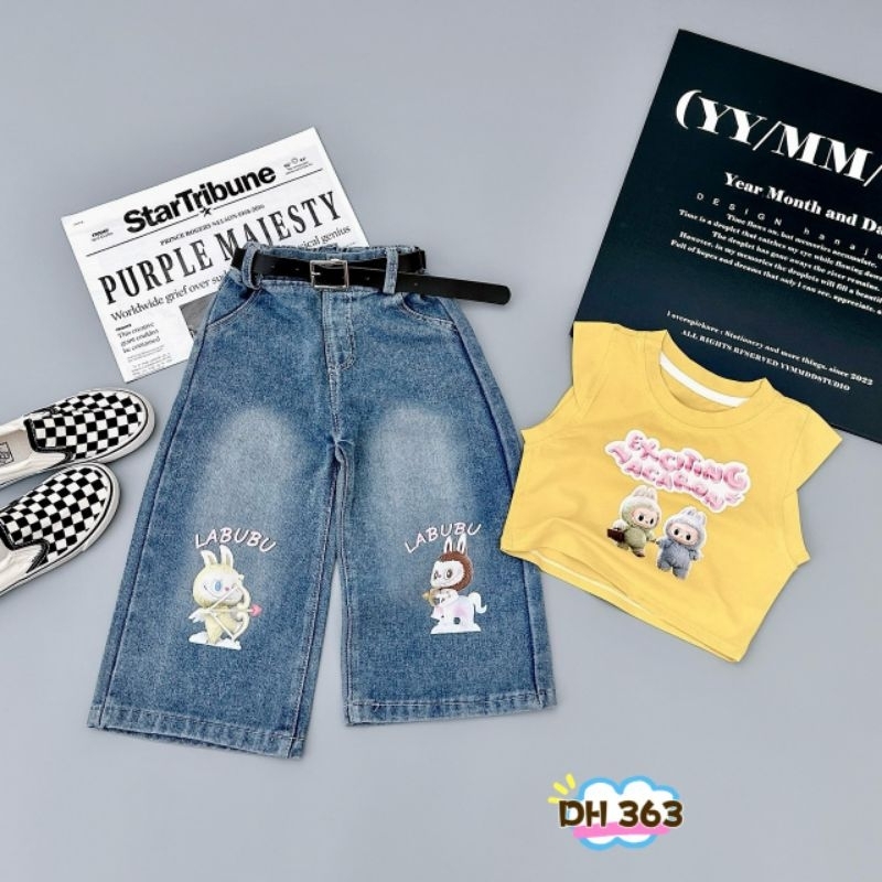 [SET BÉ GÁI] Bộ áo ba lỗ LABUBU quần jean xuông tặng kèm đai cho bé gái (10-28kg)