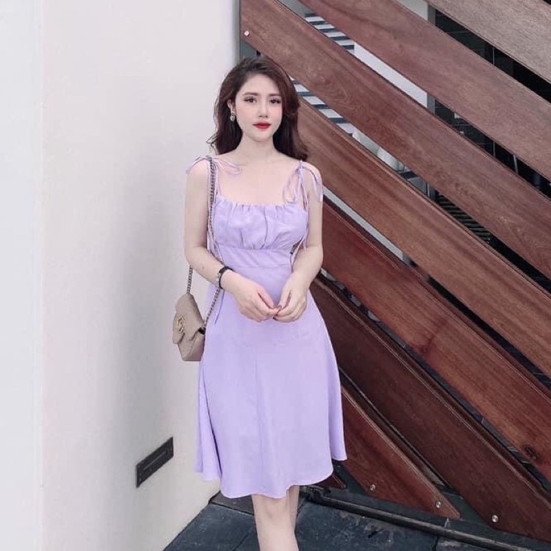 Đầm tím 2 dây cột nơ