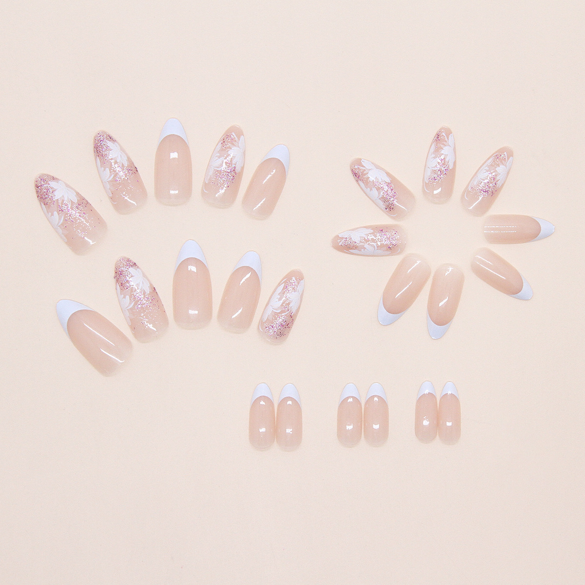 24pcs white color flower long pointed  False Nails With Glue Sticker Elegant Art Wearable Beautiful Press On Artificial Nails For Girl Women. 
