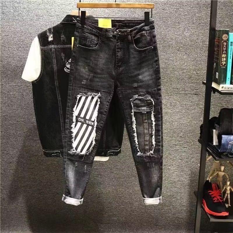 Naimo Jeans Men's Cropped Pants Vintage Stretch Loose Personality Patch Panel Pants Korean Version Trend Slim Small Feet