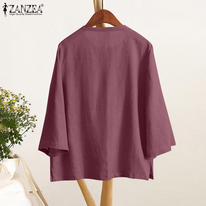 ZANZEA%20Women%20Casual%20Crew%20Neck%20Solid%20Color%20Tops%20Three%20Quarter%20Sleeve%20Shirt%20Solid%20Bohemian%20Blouses%20-%20Image%204