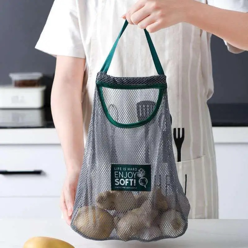 Multi-purpose Kitchen Hanging Storage Bags Breathable Mesh Bag Vegetable Fruit Holder Kitchen Accessories