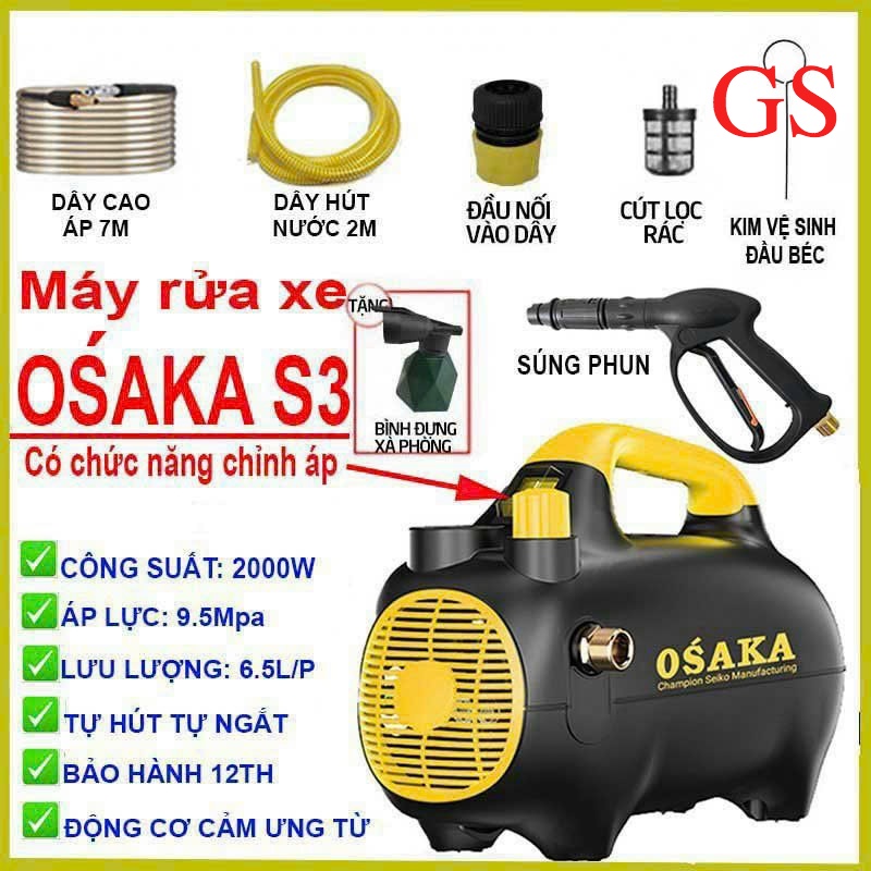 Máy xịt rửa xe chỉnh áp Osaka S3 - Công suất 2400W - Tặng béc rửa máy lạnh - Motor cảm ứng từ thế giới dụng cụ giá sĩ