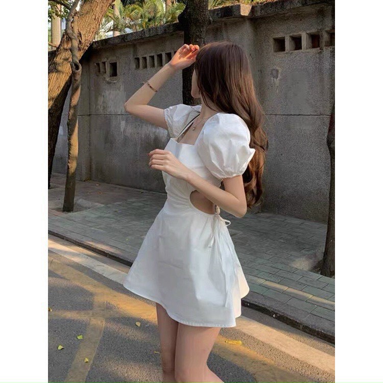 Đầm cổ vuông khoét eo, hở lưng buộc dây gợi cảm tôn dáng cho nữ
