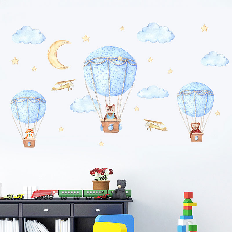 【InnovateWorld】Cartoon Hot Air Balloon Wall Stickers Animals Sky Stars ...