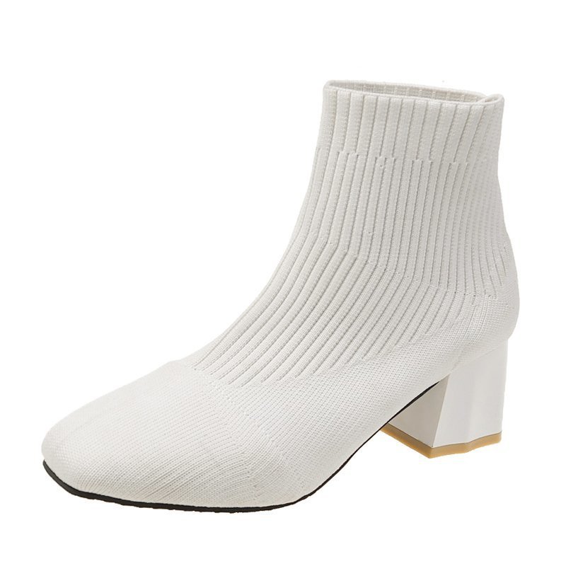 Vshoes bốt tất, bốt dệt kim co giãn, bốt cao gót gót thô, bốt martin ngắn