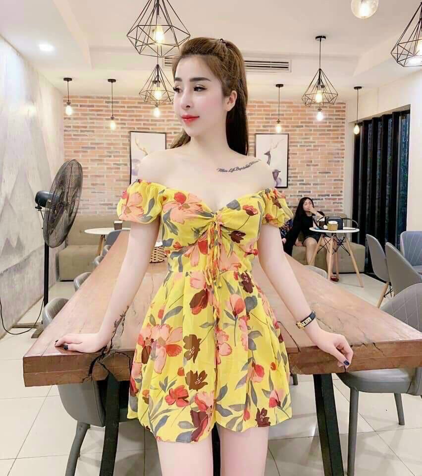 Jum hoa đùi trễ vai rút dây dễ thương