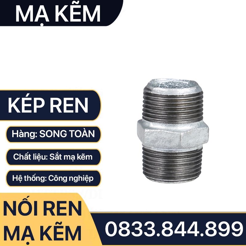 Kép ren mạ kẽm, hai đầu ren ngoài sắt mạ kẽm