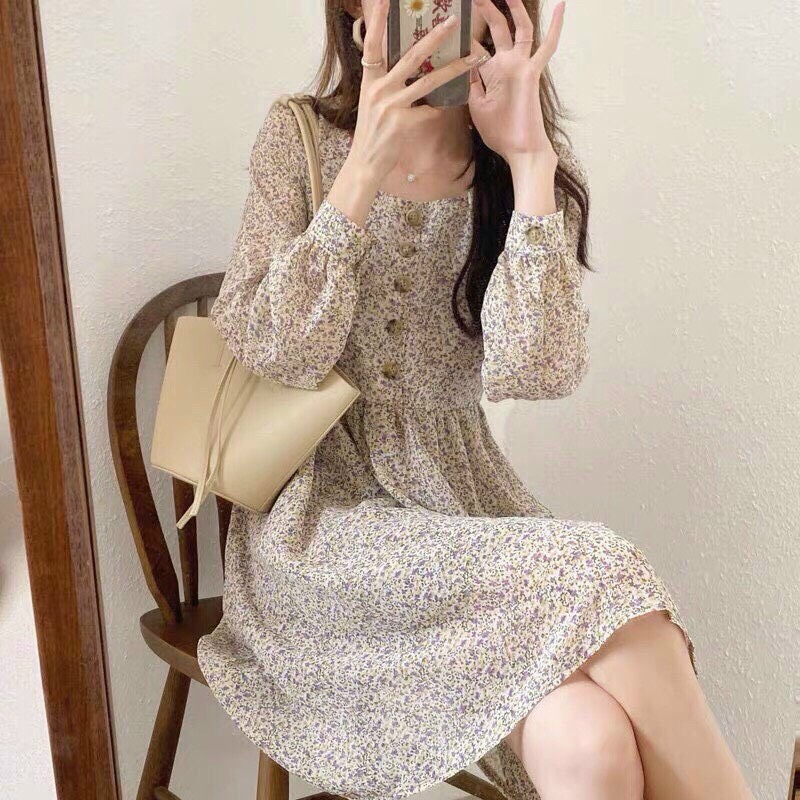 Đầm hoa nhí Hàn Quốc phong cách vintage, đầm tiểu thư tay phồng dáng váy xòe, đầm midi nữ kiểu dáng babydoll hoa nhí mùa hè nhẹ nhàng