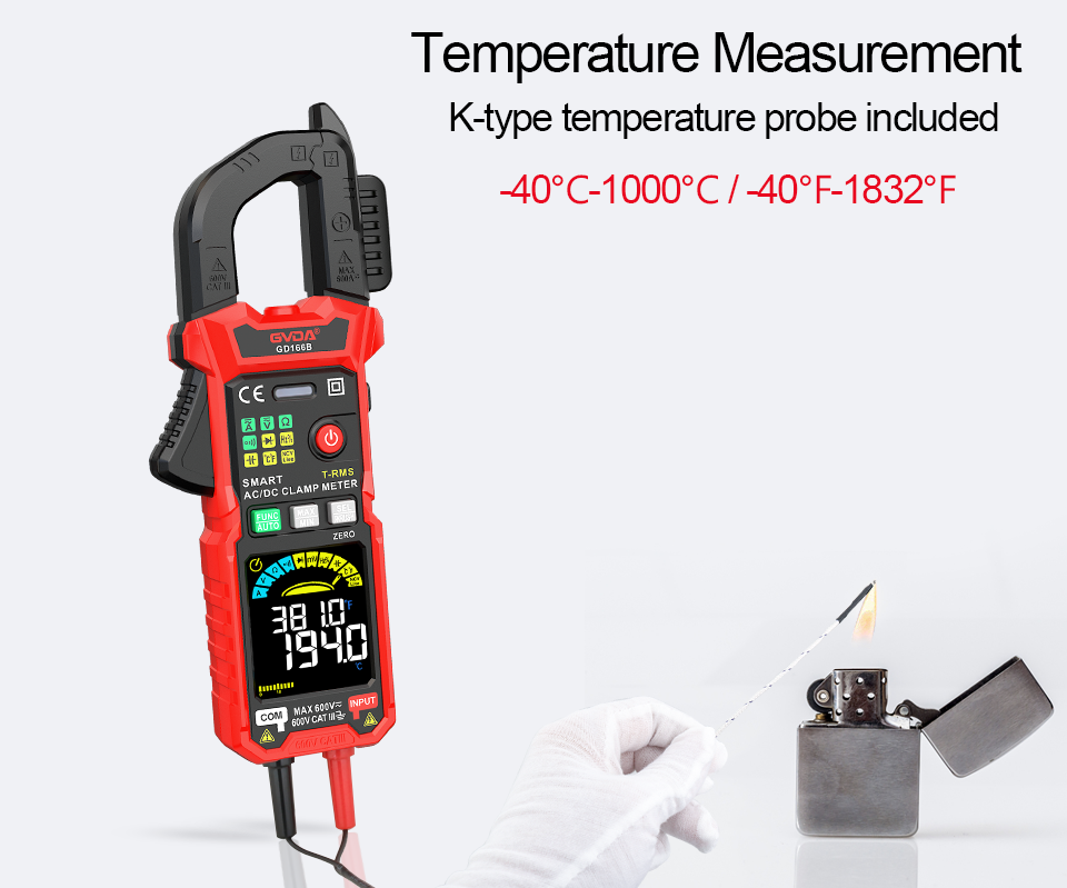 GVDA Auto Range 6000 Count True RMS NCV DC AC Voltage Inrush Current Tester Digital Clamp Meter Multimeter Resistance Capacitance Temperature Measurement Tester Automatic Voltmeter