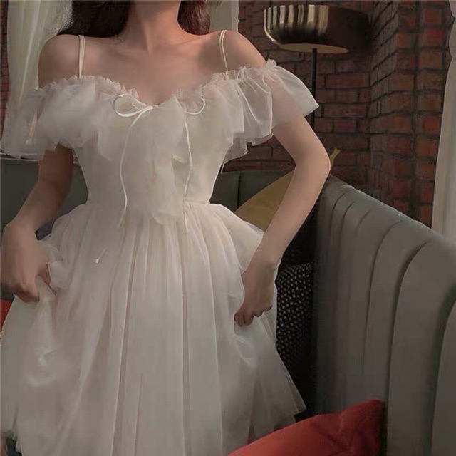 Đầm ren trắng hai dây công chúa dáng ngắn | Lazada.vn