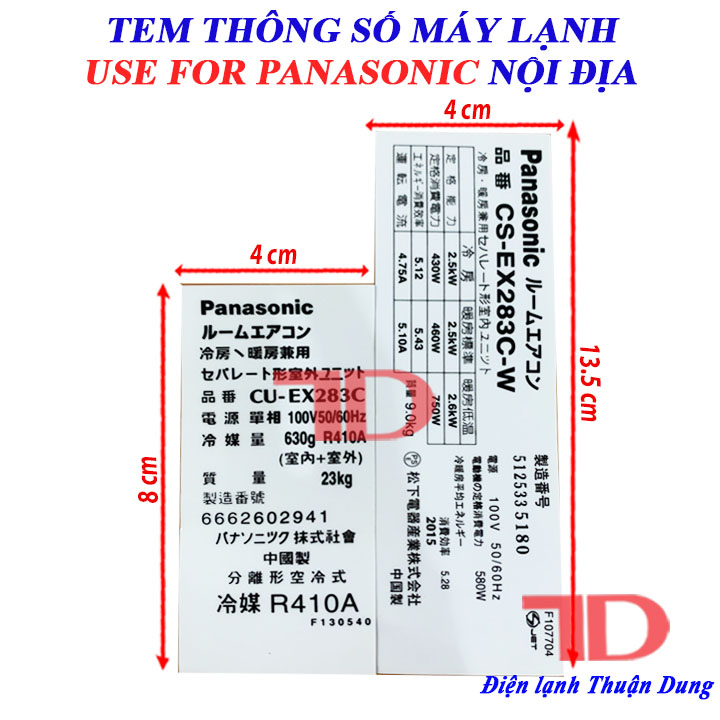 Tem thông số dành cho máy lạnh PANASONIC nội địa