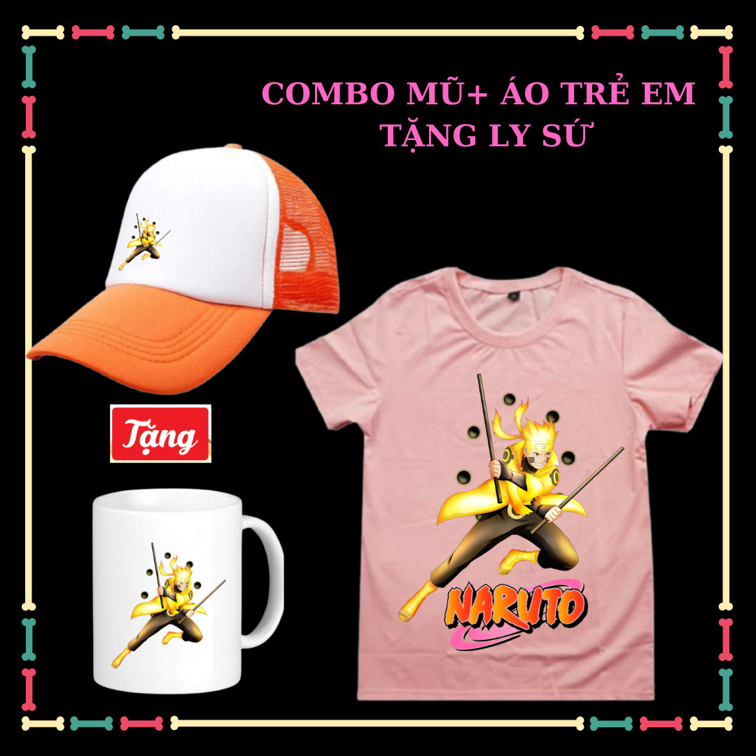Combo Áo thun Naruto+ Mũ lưỡi trai in hình Naruto cho trẻ em đủ size áo từ 10kg đến 90kg-Tặng Ly sứ Naruto