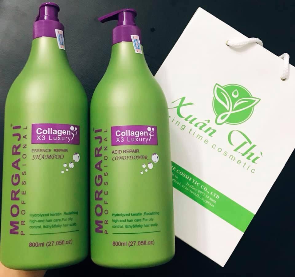 Cặp dầu gội xả colagen phục hồi tóc hư tổn siêu mượt hương thơm hoa quả collagen x3 morgarji luxury 800ml - chính hãng