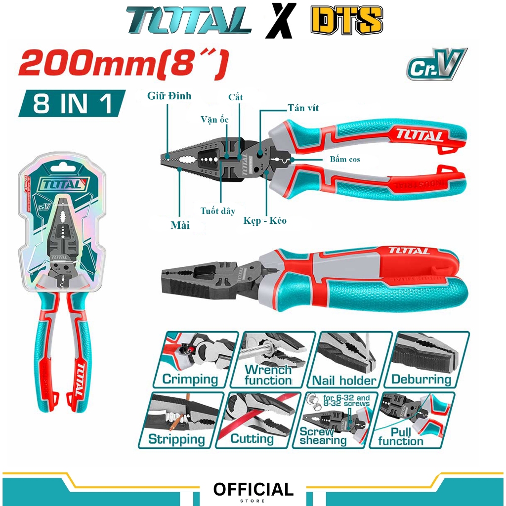Kìm điện đa năng TOTAL THTMF186 8 inch 8 trong 1 cắt dây tuốt dây bấm cos thép CR-V dùng cho thợ điện sửa chữa tiện dụng