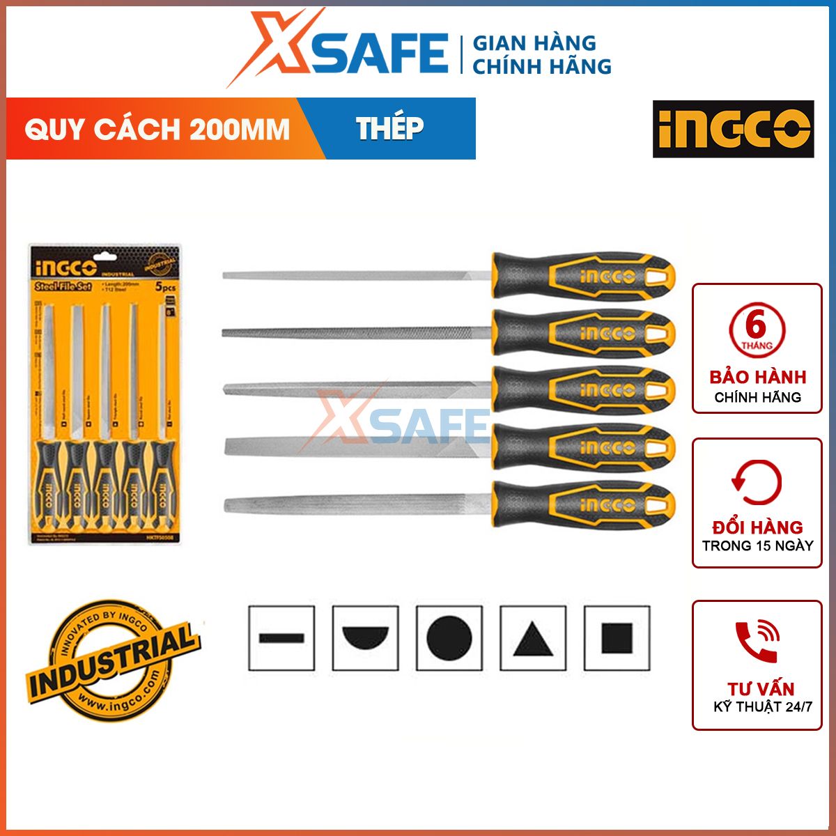 Set steel nail file 5 detailed ingco HKTFS0508 set 5 files iron specifications 8 " -Round-semi-triangle-cleaner-square giving details is shaped, size, luster and precision surface