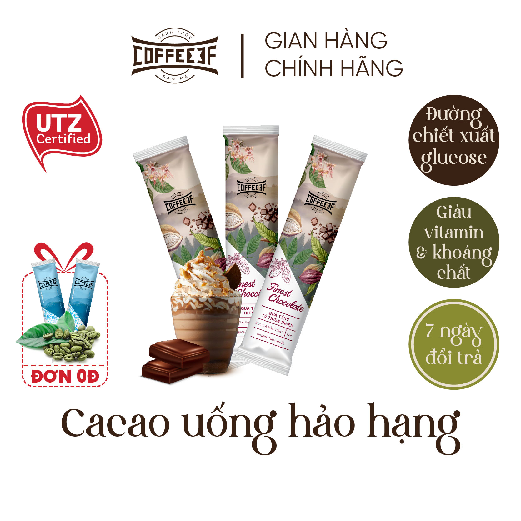 Cacao Socola uống hảo hạng Finest Chocolate gói lẻ 22g - 70% cacao Đắk Lắk - Coffee 3F
