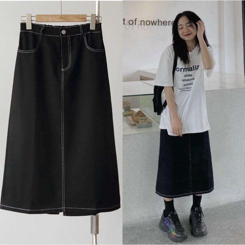 Chân váy demin lưng cao dáng dài xẻ tà ms 01