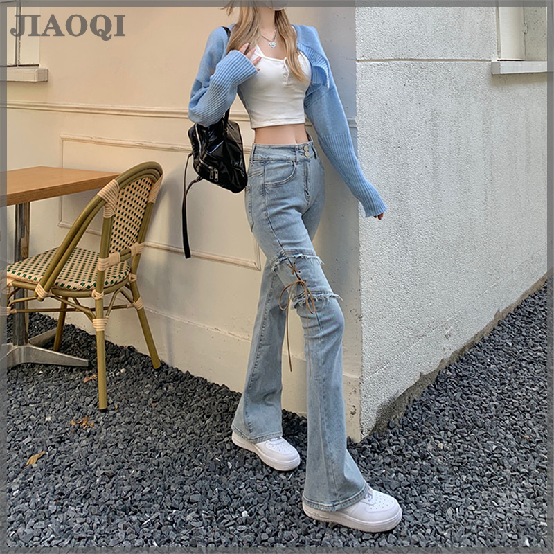 JIAOQI Y2k Fashion Patch Casual Flare Jeans Women Spring Chic Lace