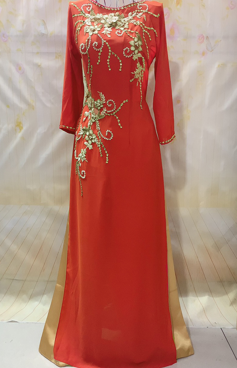Áo dài dự tiệc ĐỎ CAM - áo dài cho mẹ áo dài bà sui -ẢNH THẬT 100% y hình