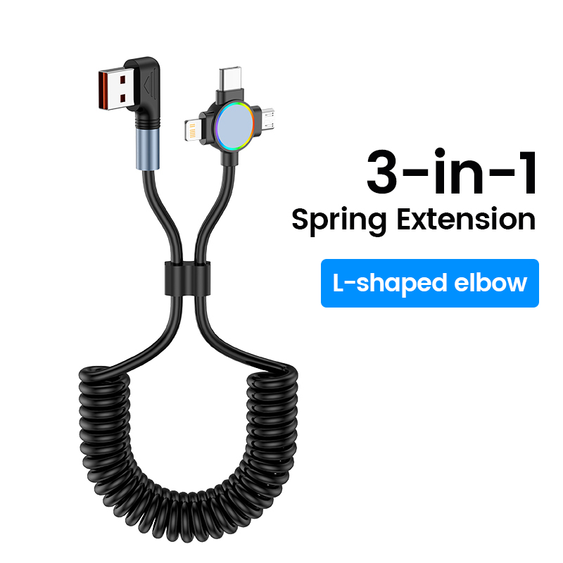 Elough 66w l-shaped elbow 3 in 1 spring usb cable t-shaped elbow 6a usb to type c micro usb fast charging data cable cord