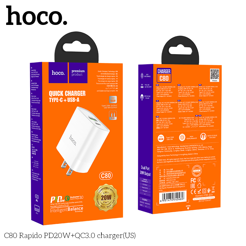 Củ sạc nhanh Hoco C80 20w (QC 3.0, PD) 2 cổng sạc cho iphone