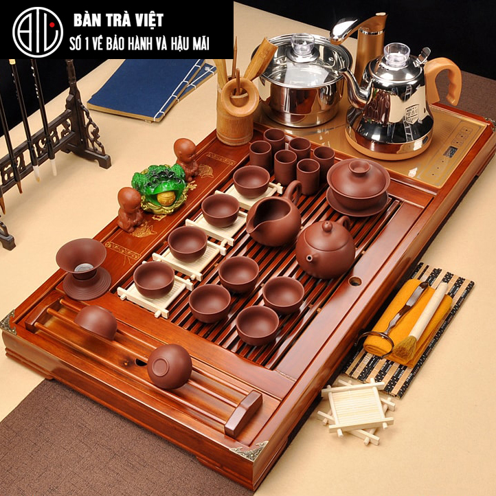 Bàn trà điện tự động thông minh giá rẻ tặng kèm bộ ấm chén tử sa và trà cụ pha trà đạo - Bàn màu vàng, cốc chén đỏ gạch