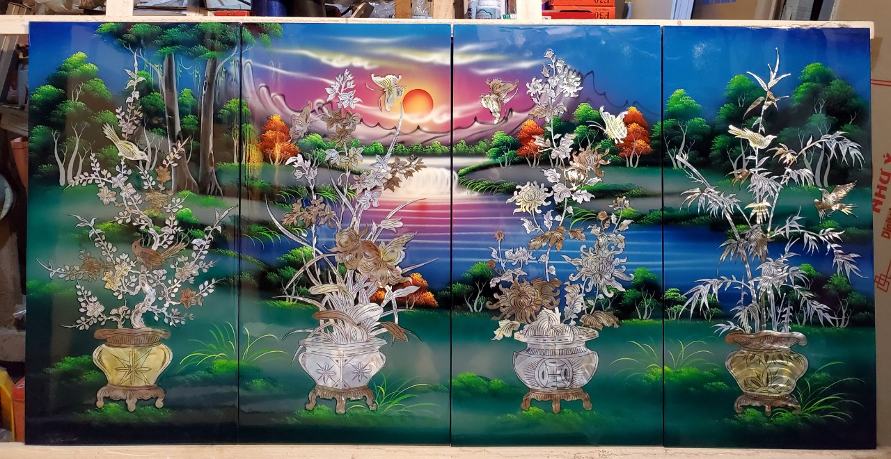 Bộ tranh sơn mài khảm trai, ốc - mai lan trúc cúc
