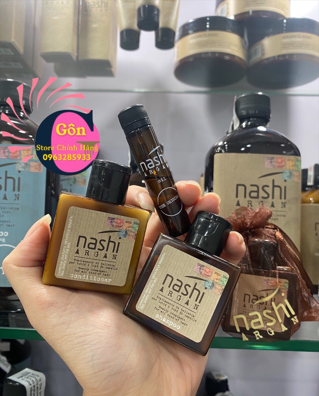 Bộ Nashi Argan Mini phục hồi tóc hư tổn ( Gội 30ml + Xả 30ml + Tinh dầu 5ml)