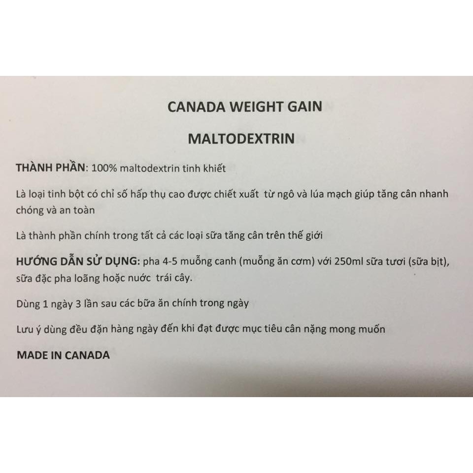 SỮA TĂNG CƠ, TĂNG CÂN MALTODEXTRINE CANADA 100%