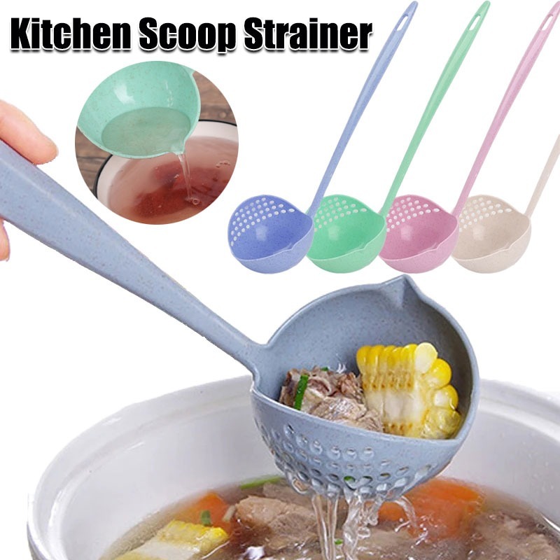 Multifunctional Wheat Straw Spoon 2-in-1 Long Handle Plastic Household Filter Cooking Colander Kitchen Accessories