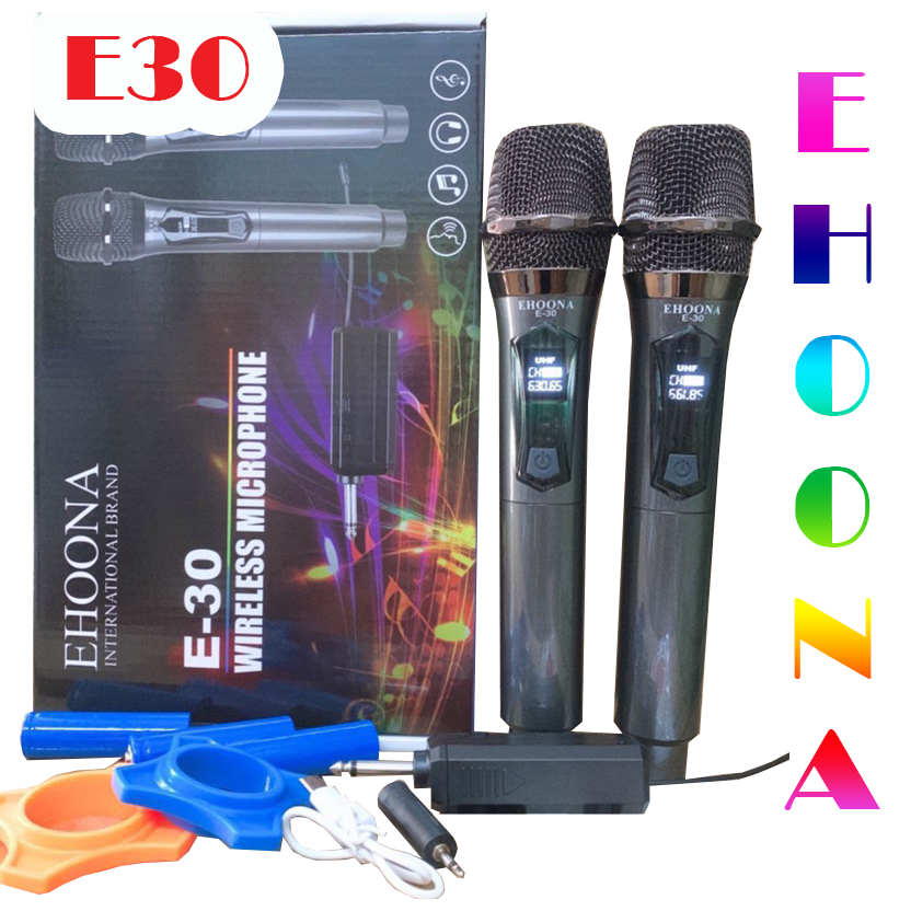 Micro karaoke không dây UHF cho amly loa kéo sound card livestream hay 1 mic và 2 mic Ehoona E30 sạc pin - Mẫu mới