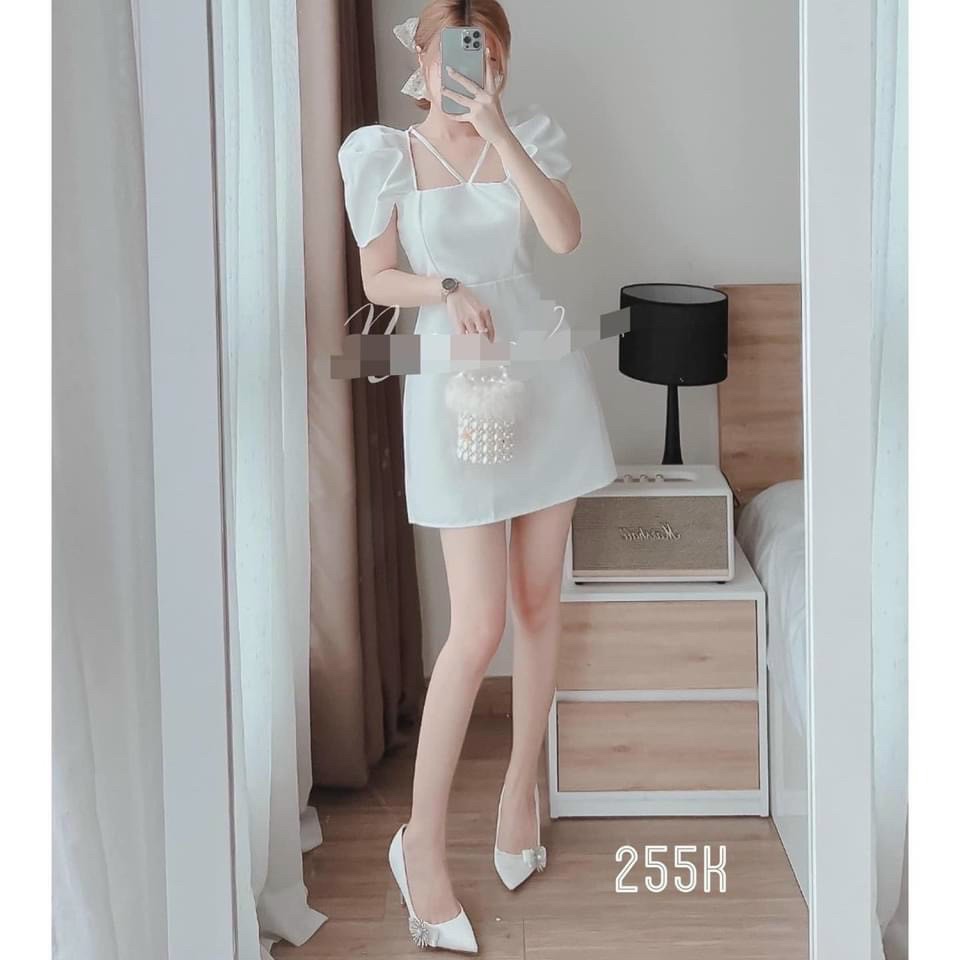 Đầm váy trắng đen bèo tôn dáng siêu xinh , váy cổ vuông giả cổ yếm , đầm xòe tay búp có mút ngực cực kỳ xinh xắn kèm hình thật , đầm umi có mút ngực