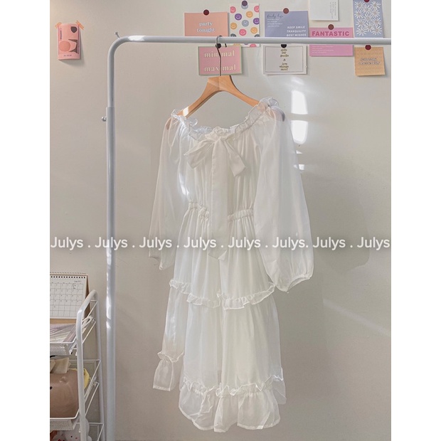 [HOÀN TIỀN ĐẾN 15%]váy trắng tiểu thư trễ vai tay bồng dáng dài hai lớp, đầm trắng dự tiệc bánh bèo sang chảnh