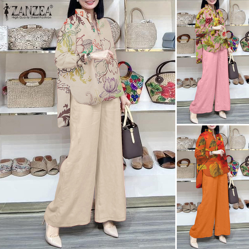 ZANZEA%20Womens%20Office%20Fashion%20Suits%20Lapel%20Floral%20Print%20Long%20Sleeve%20Irregular%20Blouse%20Wide%20Leg%20Pants%20Suits%20#1209%20-%20Image%204