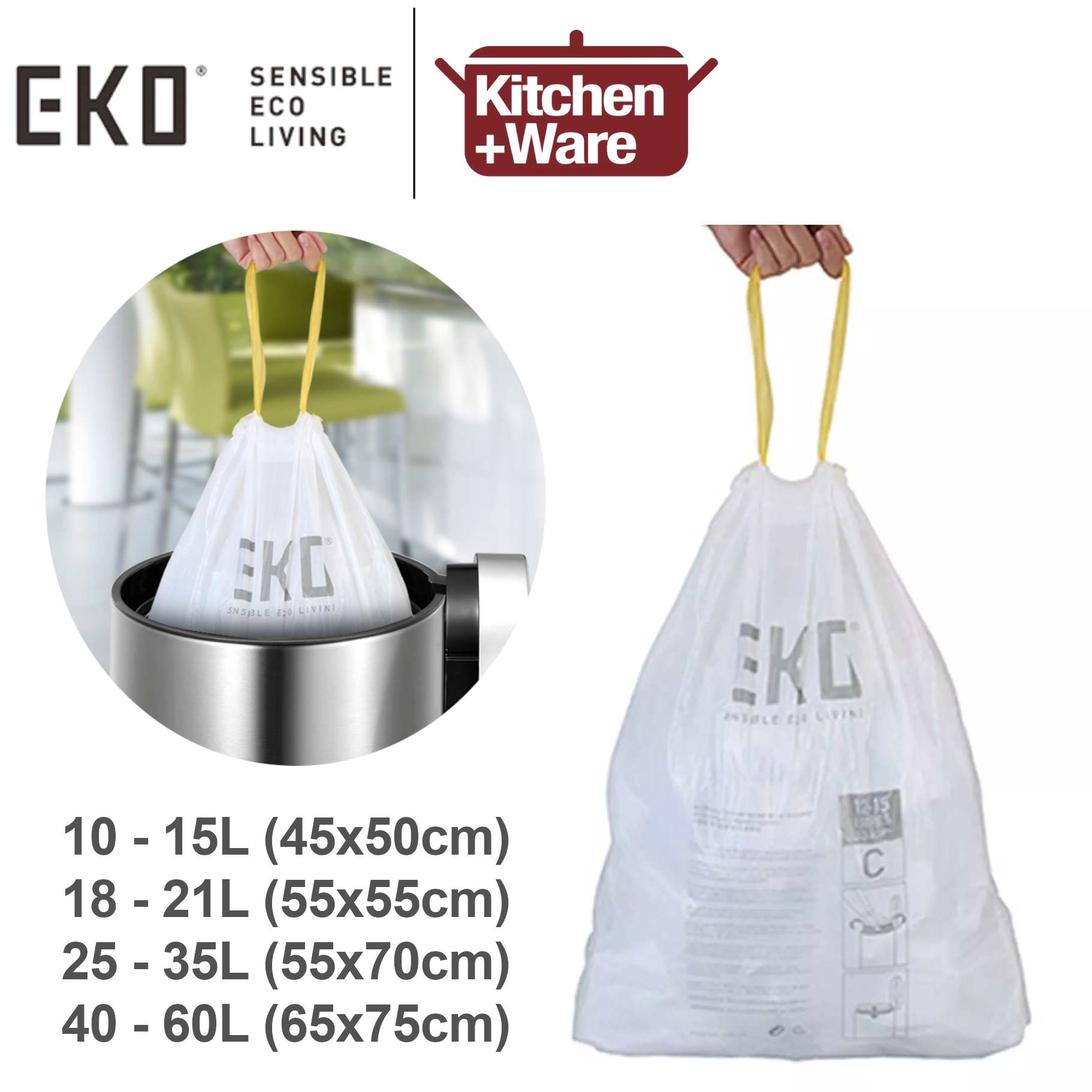 EKO Bin Liners 10-15L Extra Strong Drawstring Bags Size C 60 Liners Kitchen Bins 