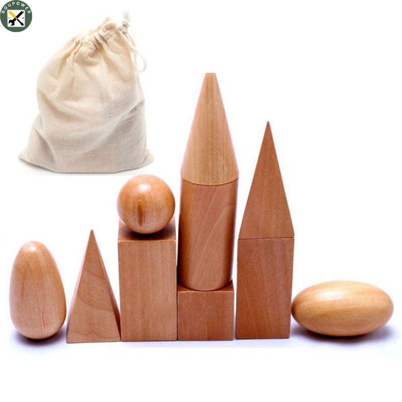 BouPower Montessori Wooden Geometric Solids 3-D Shapes Mystric Bag of Geometry Shapes Learning Education Math Toys